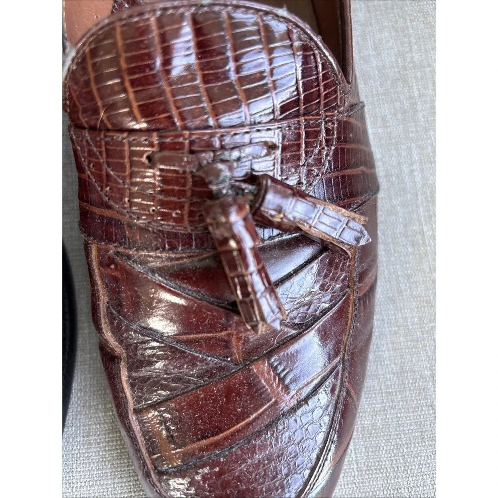 Stacy Adams Cognac Brown Snake Leather Tassel Loafer Dress Shoes Size 10 M